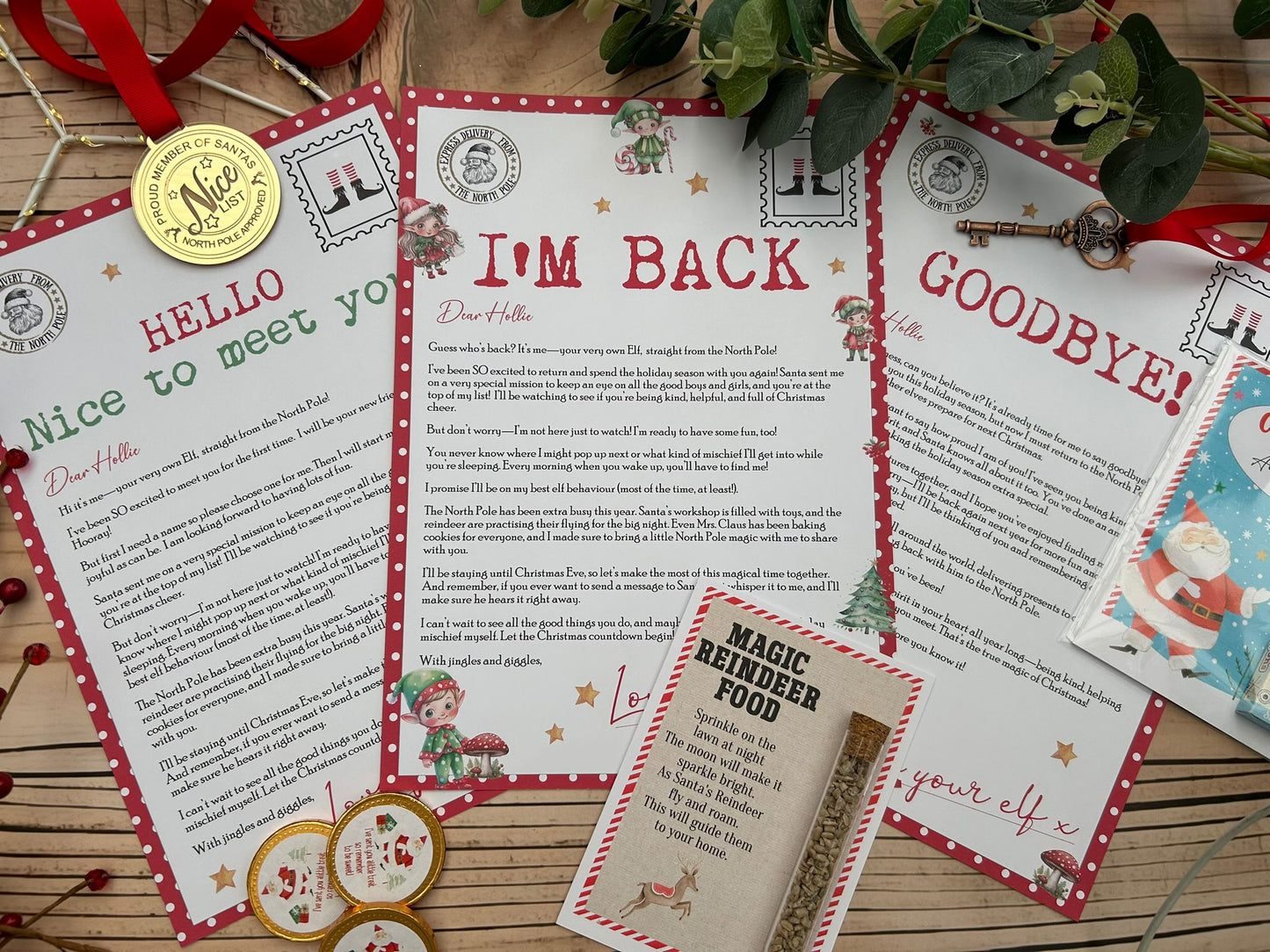 Personalised Elf I'm Back Arrival Pack, Nice List Certificate, Letter to & from Santa - Santa & Elves