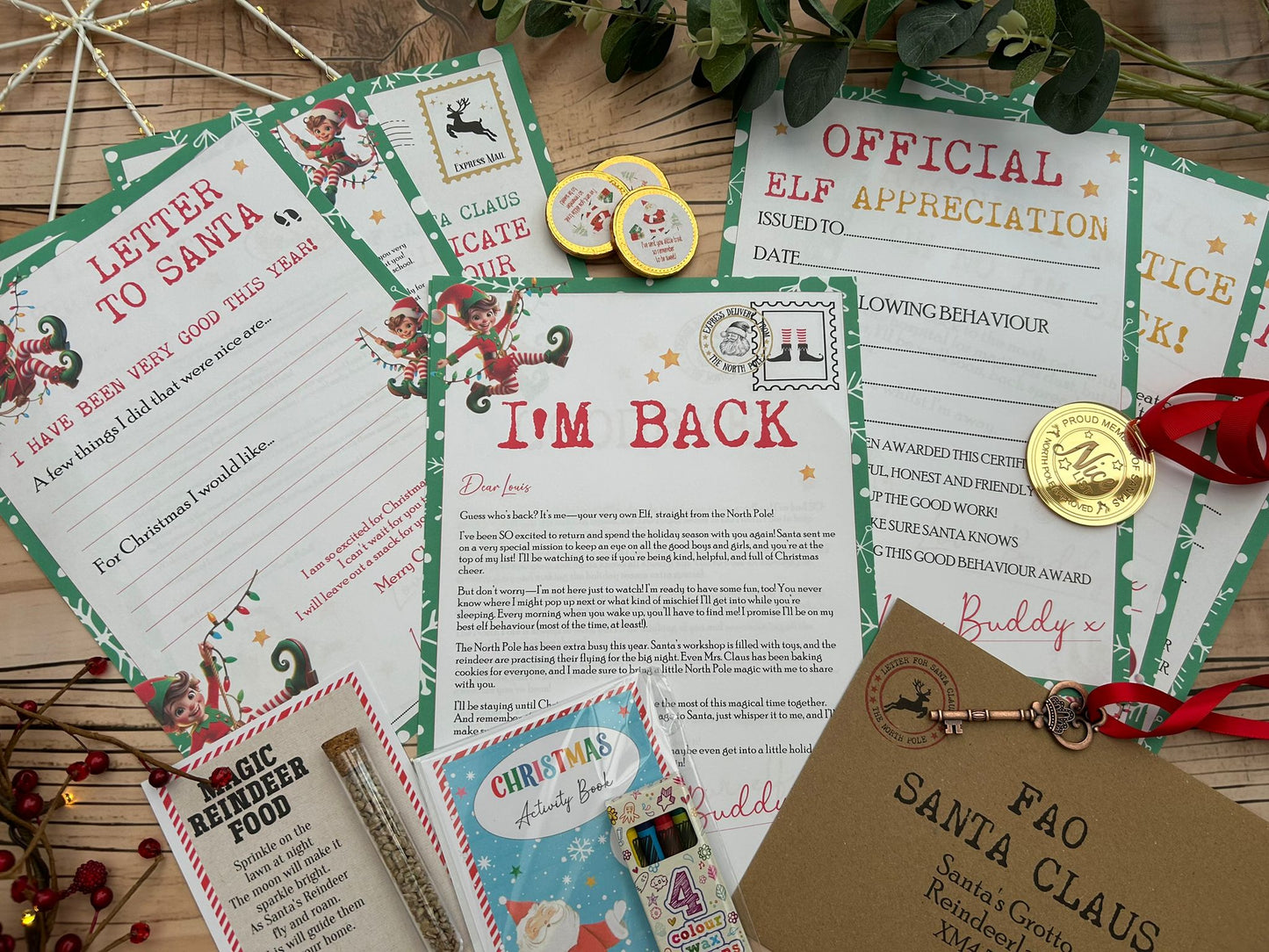 Personalised Elf I'm Back Arrival Pack, Nice List Certificate, Letter to & from Santa - Swinging Elves
