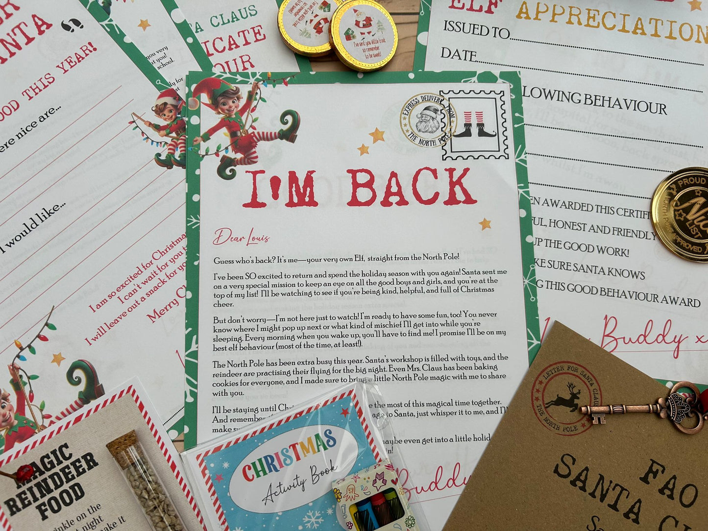 Personalised Elf I'm Back Arrival Pack, Nice List Certificate, Letter to & from Santa - Swinging Elves
