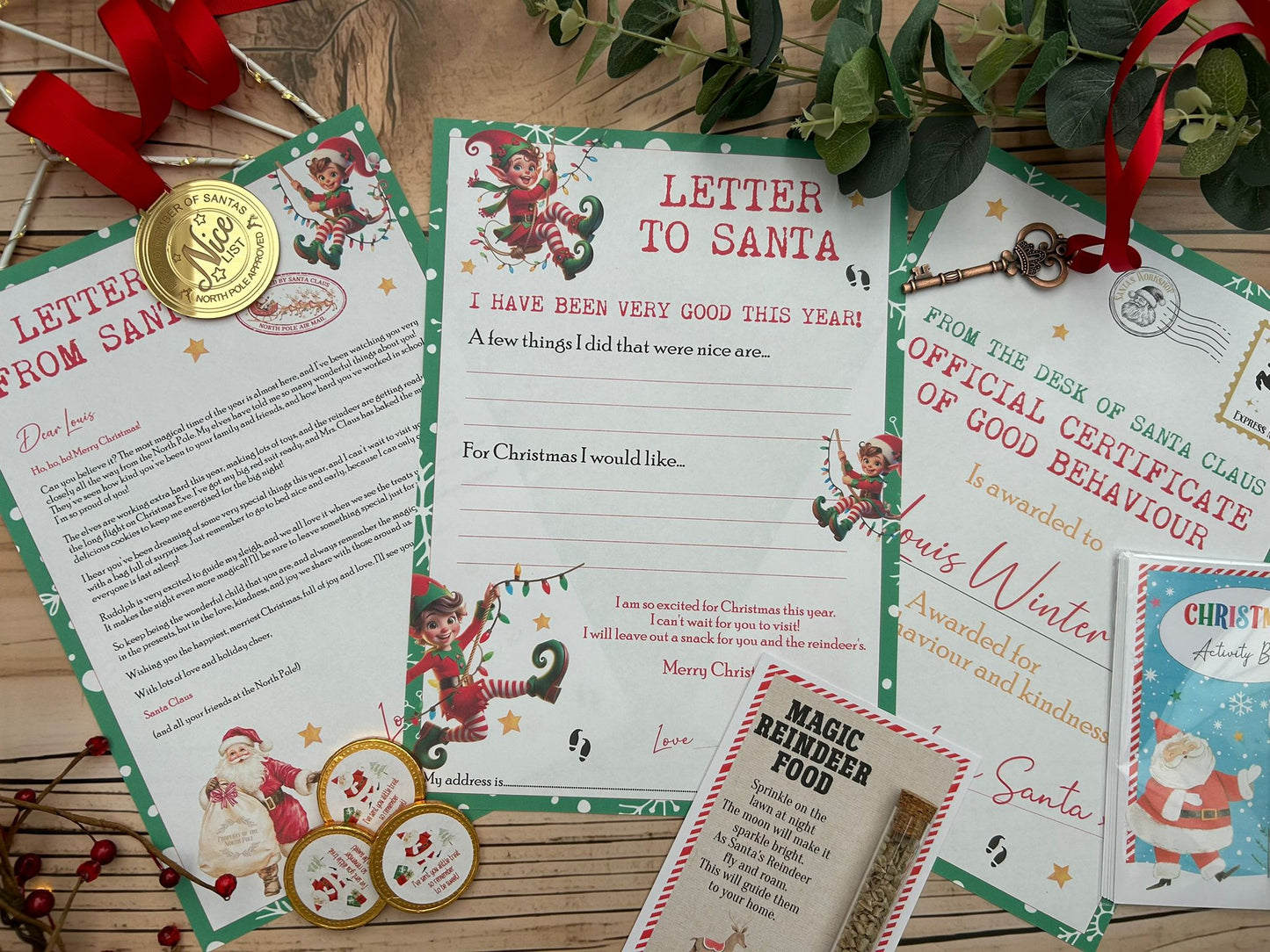 Personalised Elf I'm Back Arrival Pack, Nice List Certificate, Letter to & from Santa - Swinging Elves