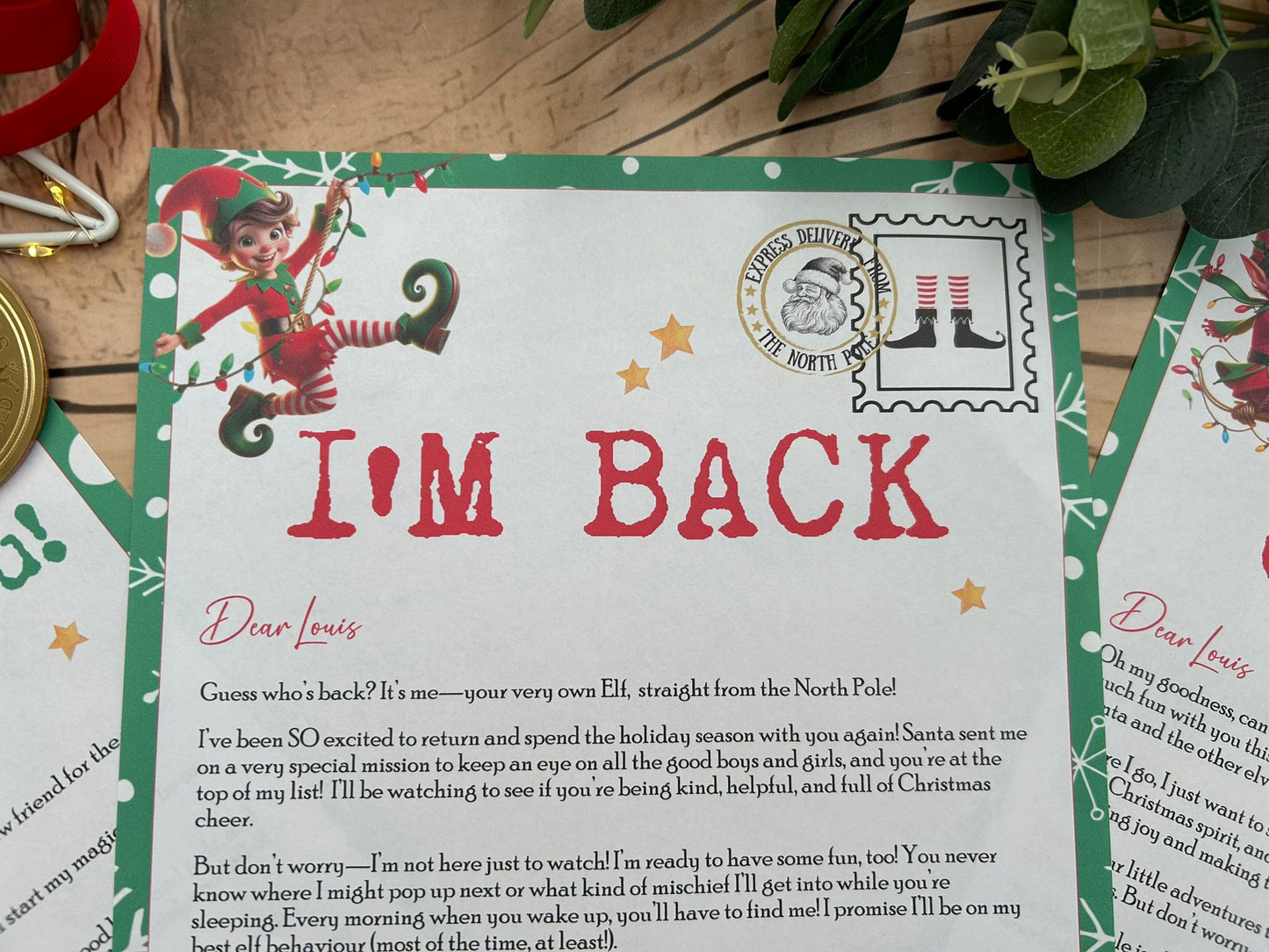 Personalised Elf I'm Back Arrival Pack, Nice List Certificate, Letter to & from Santa - Swinging Elves