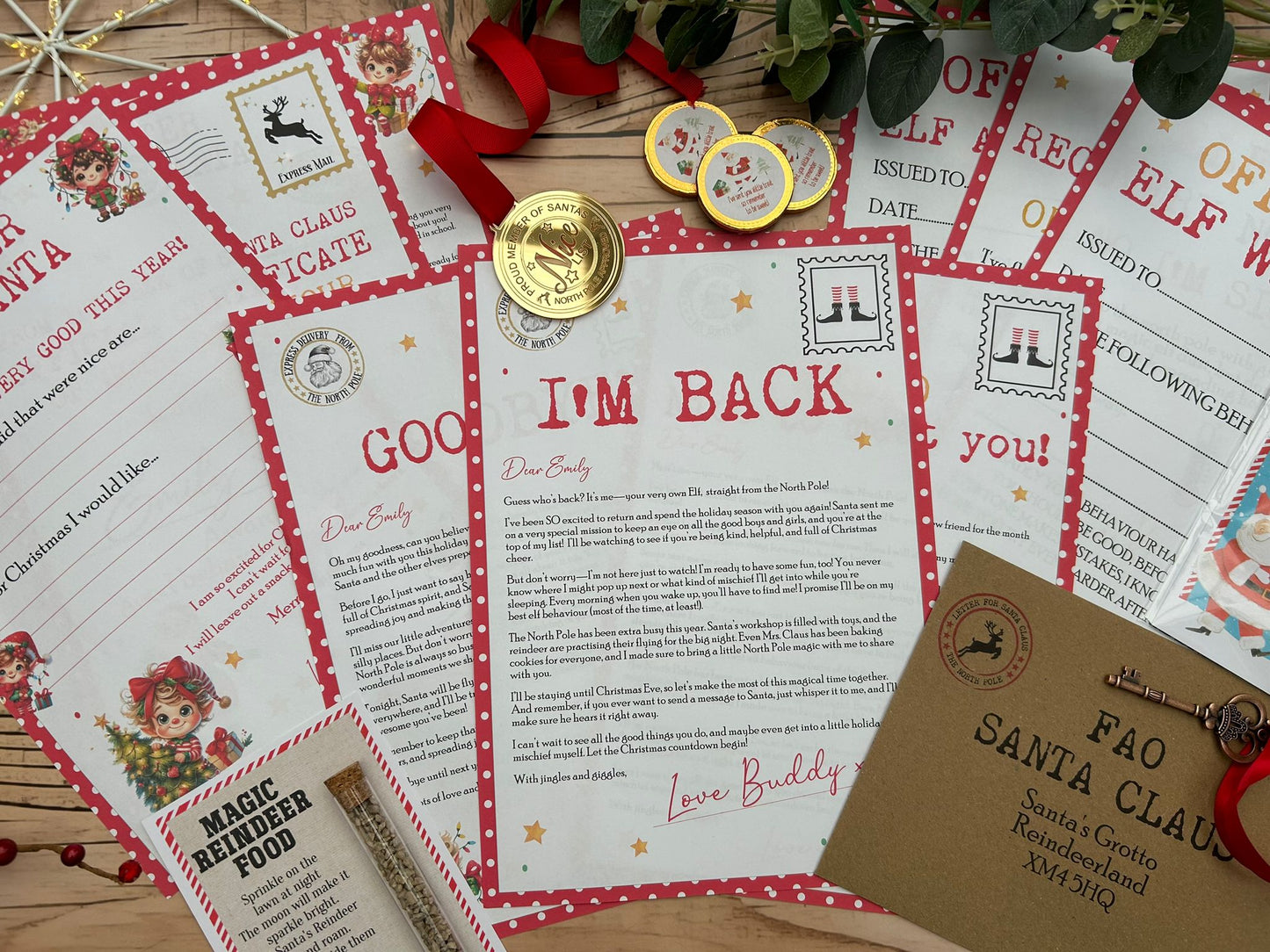 Personalised Elf I'm Back Arrival Pack, Nice List Certificate, Letter to & from Santa - Red Elves