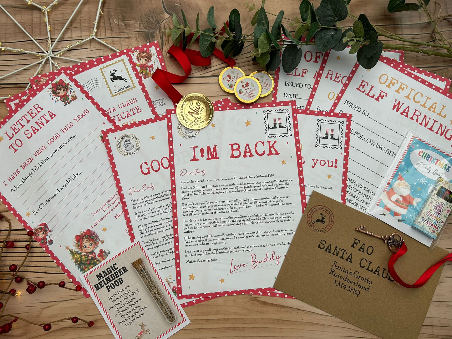 Personalised Elf I'm Back Arrival Pack, Nice List Certificate, Letter to & from Santa - Red Elves
