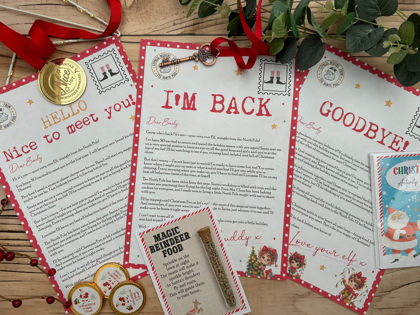 Personalised Elf I'm Back Arrival Pack, Nice List Certificate, Letter to & from Santa - Red Elves