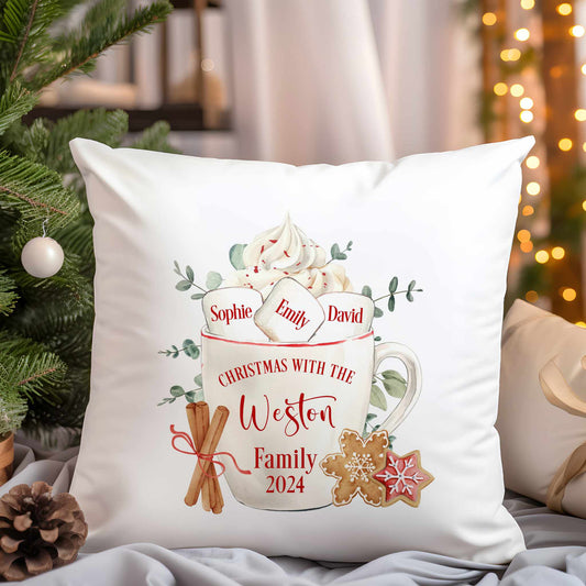 Personalised Christmas Cushion – Cozy Hot Chocolate & Marshmallow Mug Design
