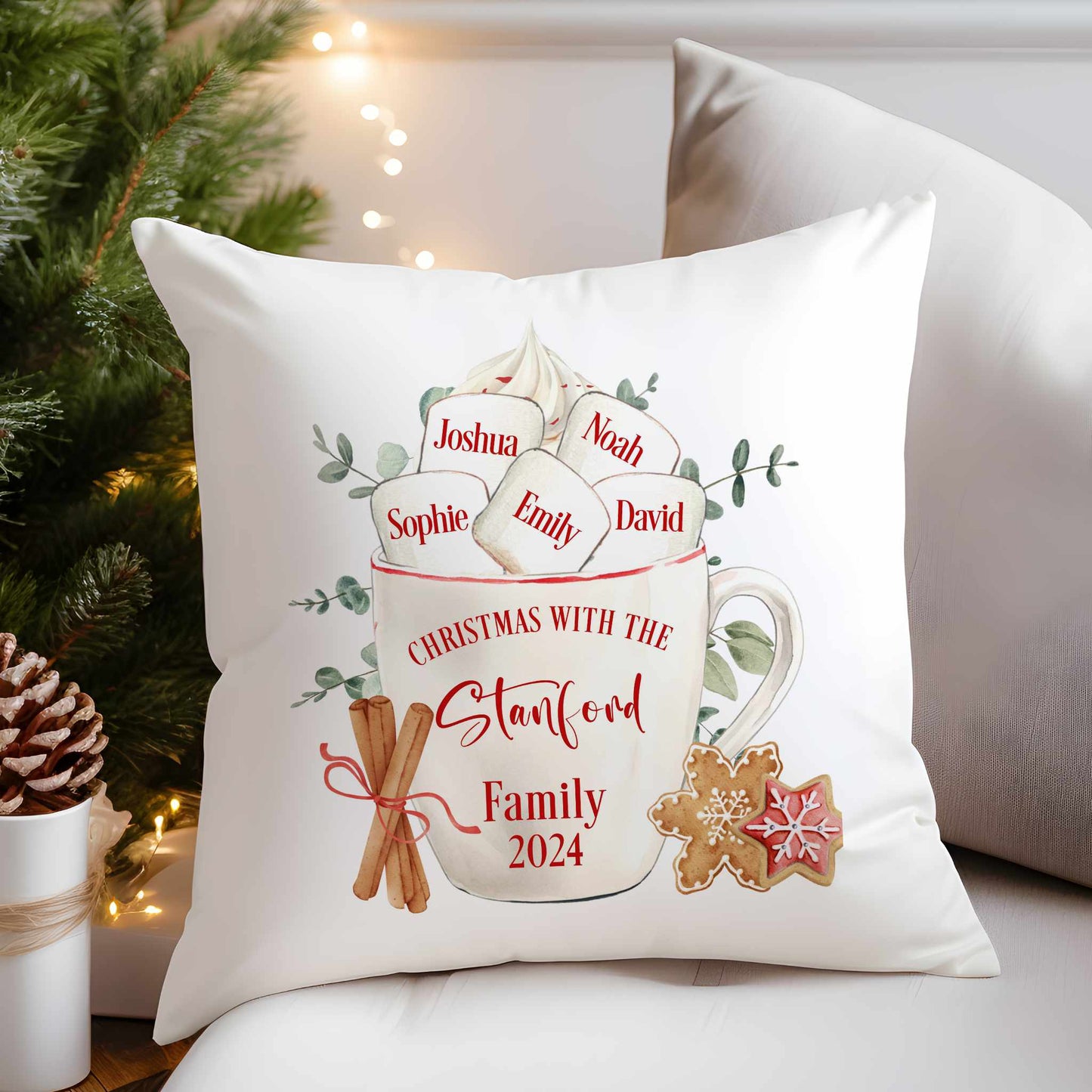 Personalised Christmas Cushion – Cozy Hot Chocolate & Marshmallow Mug Design