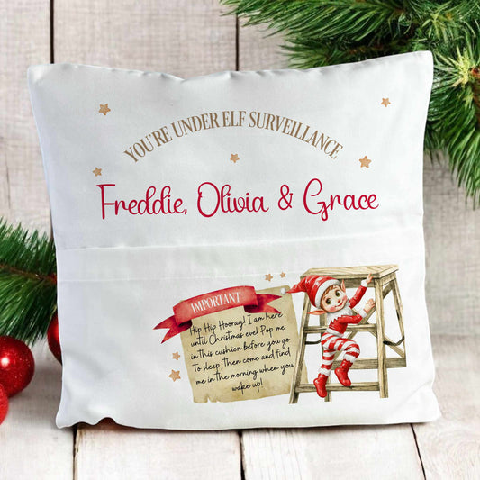 Personalised Christmas Elf Pocket Cushion, Pillow For Elf Arrival,Elf Surveillance