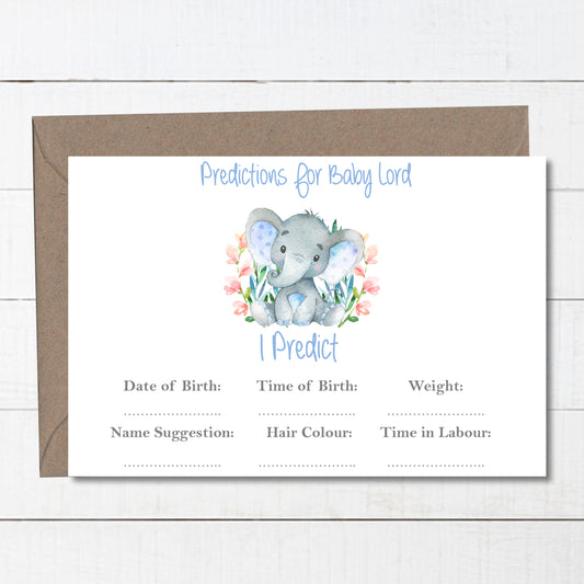 Personalied Baby Shower Games Baby Predictions Watercolour Elephant Blue