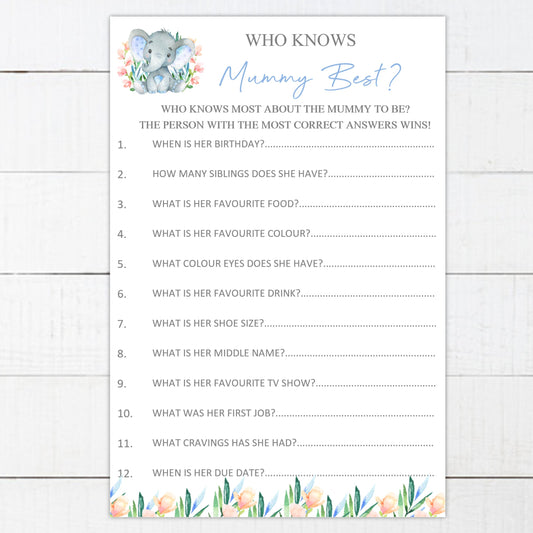 Baby Shower Games Who Knows Mummy Best Watercolour Elephant Blue