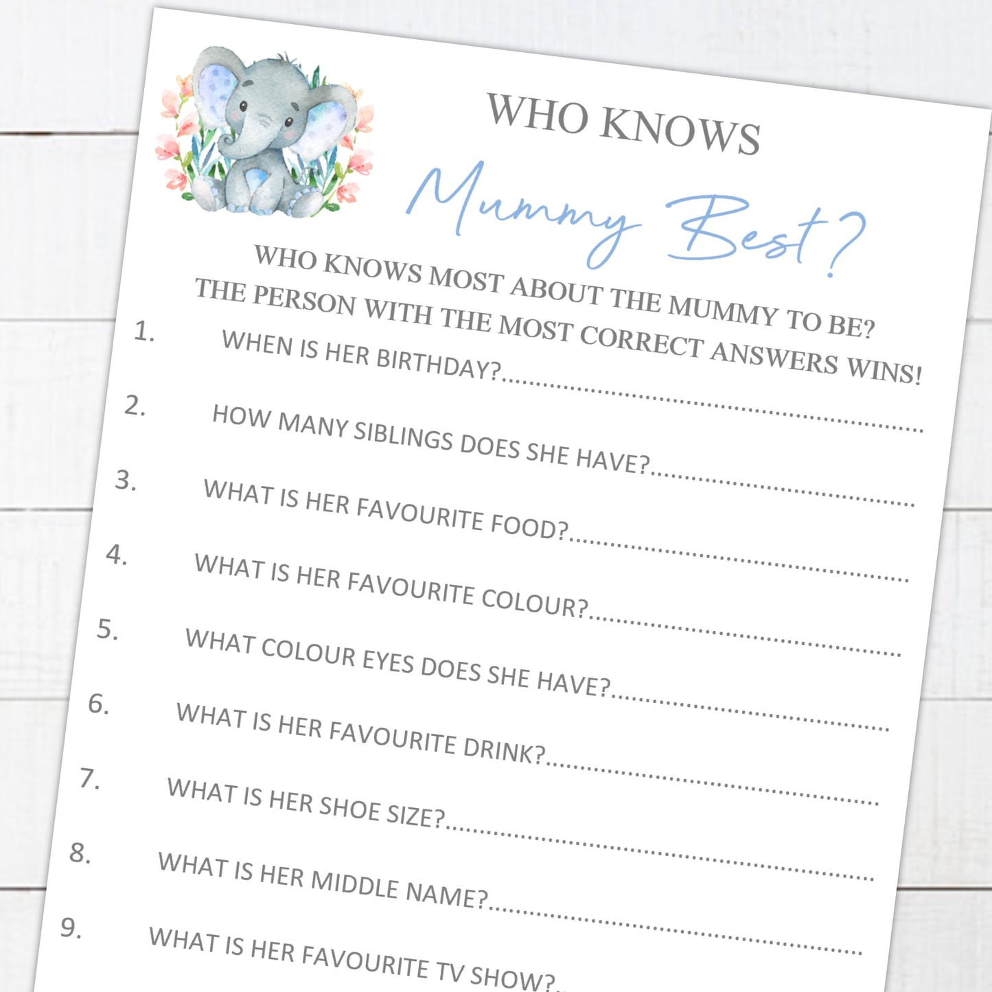 Baby Shower Games Who Knows Mummy Best Watercolour Elephant Blue