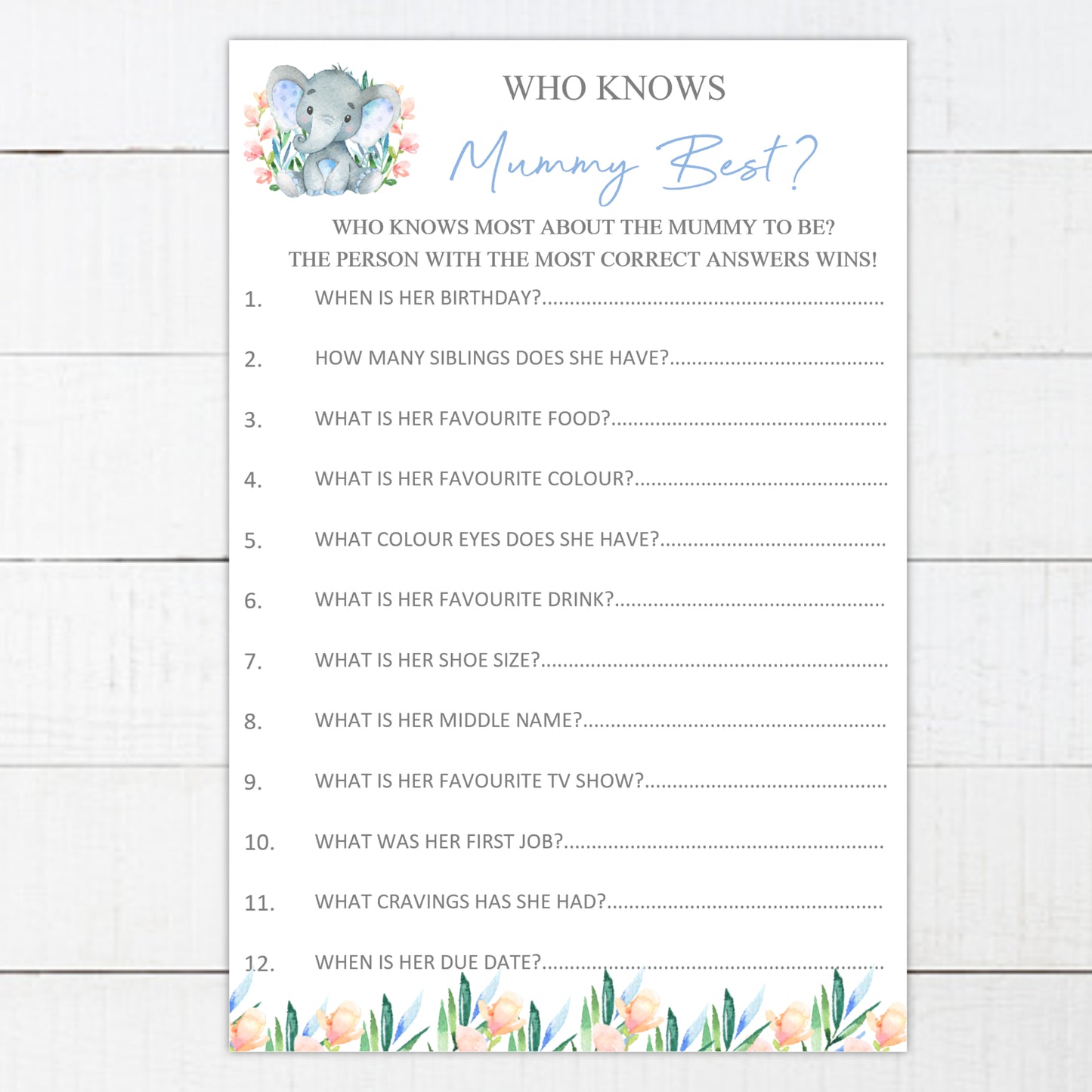 Baby Shower Games Who Knows Mummy Best Watercolour Elephant Blue