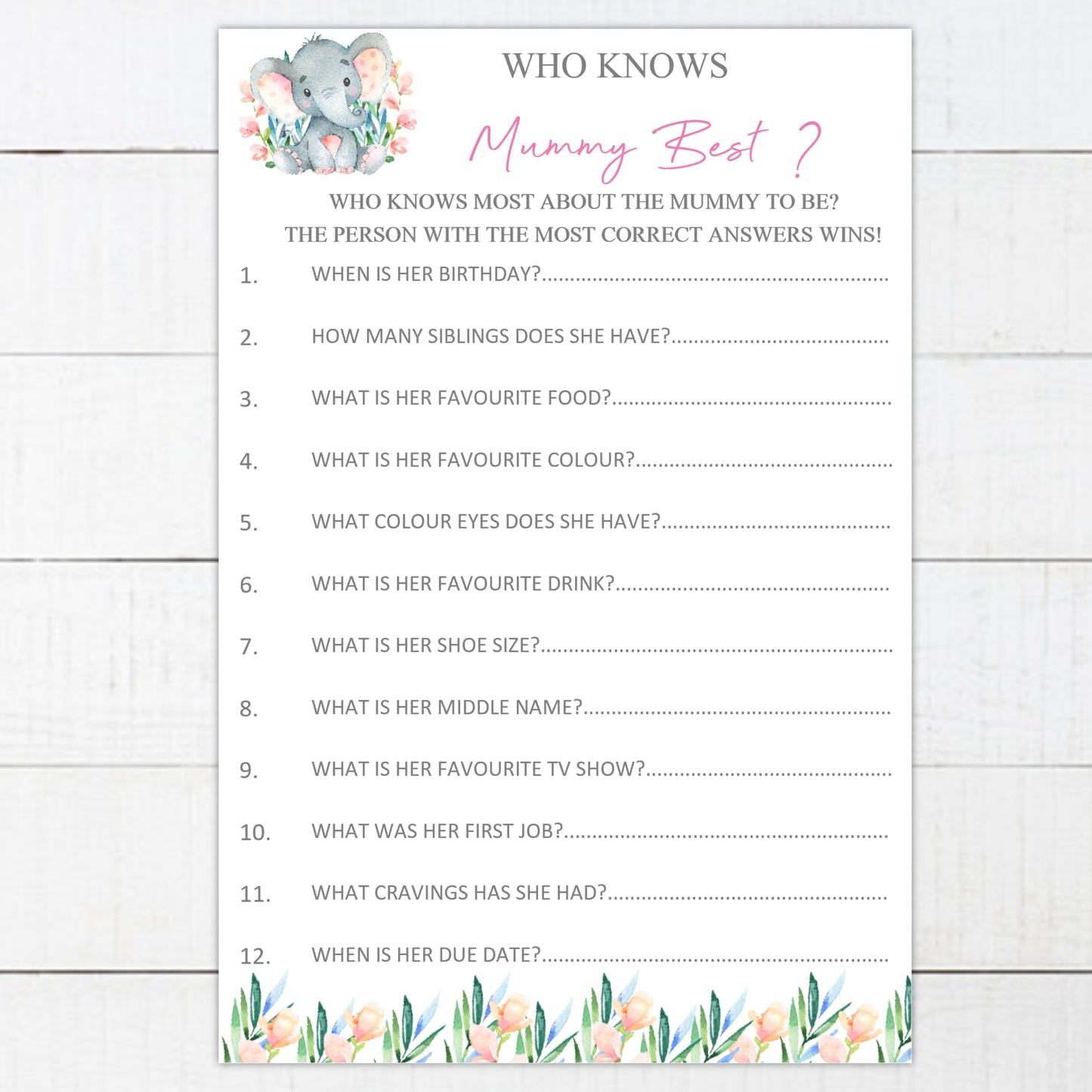 Baby Shower Games Who Knows Mummy Best Pink Watercolour Elephant