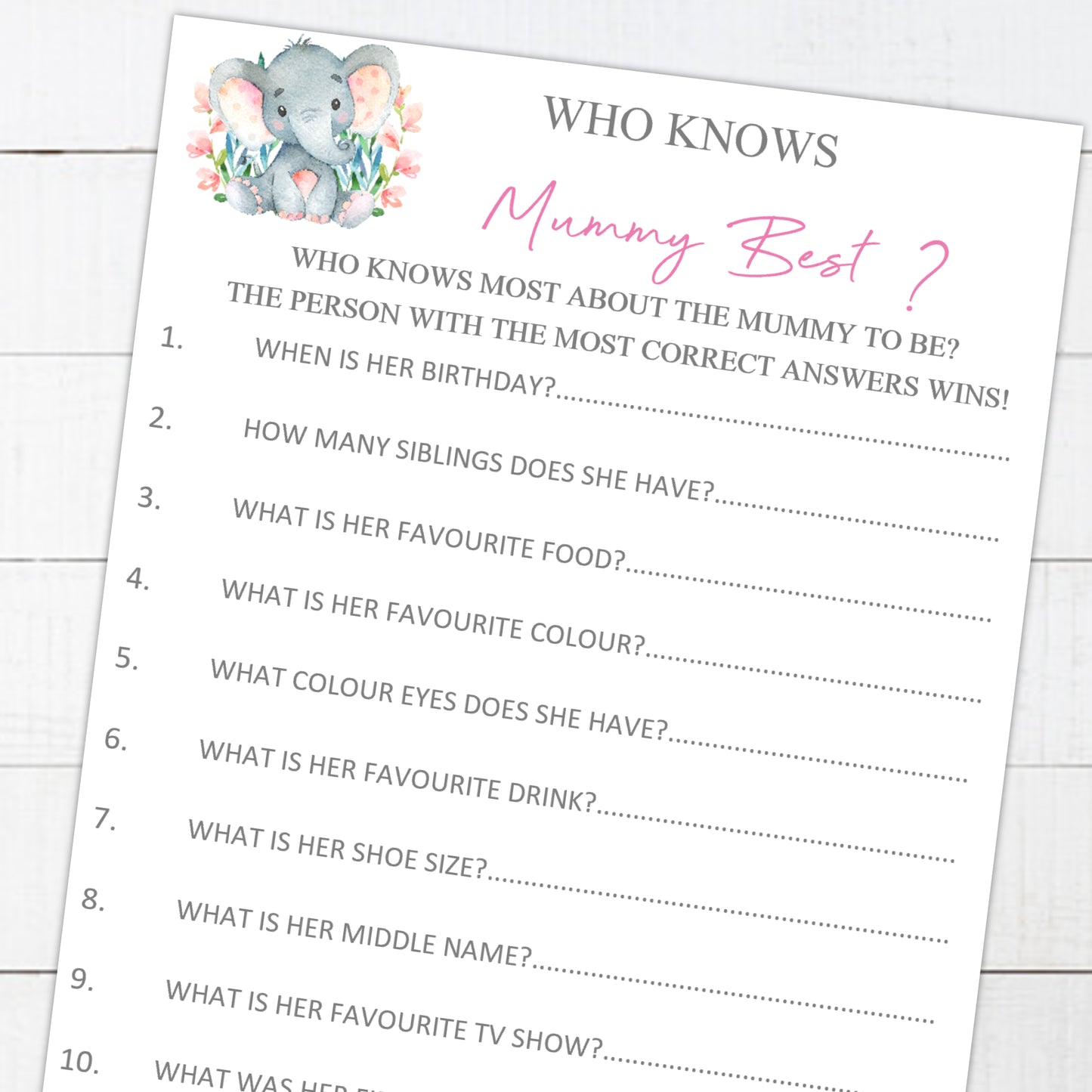 Baby Shower Games Who Knows Mummy Best Pink Watercolour Elephant