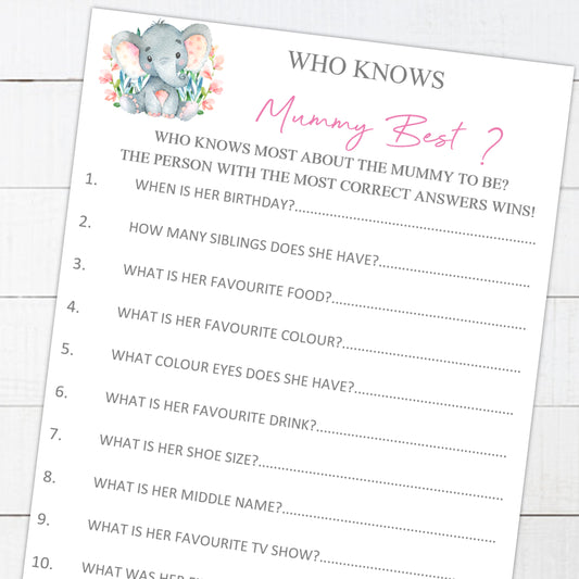 Baby Shower Games Who Knows Mummy Best Pink Watercolour Elephant