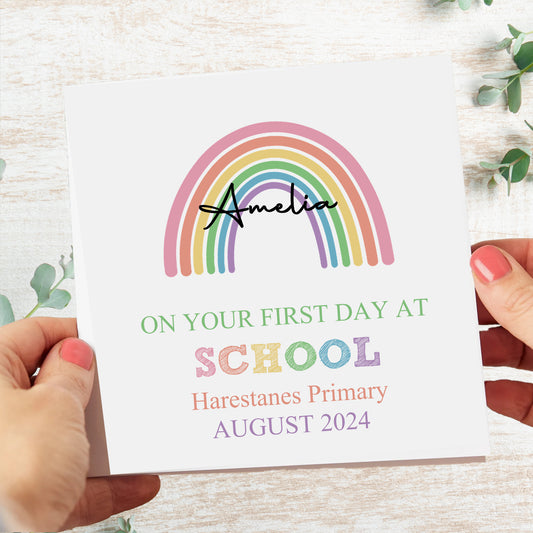 Personalised Good Luck First Day At School Card Rainbow