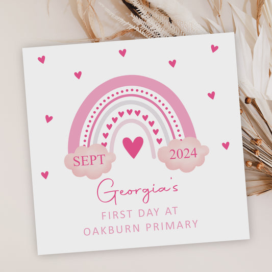 Personalised Good Luck First Day At School Card Pink Rainbow Love Hearts