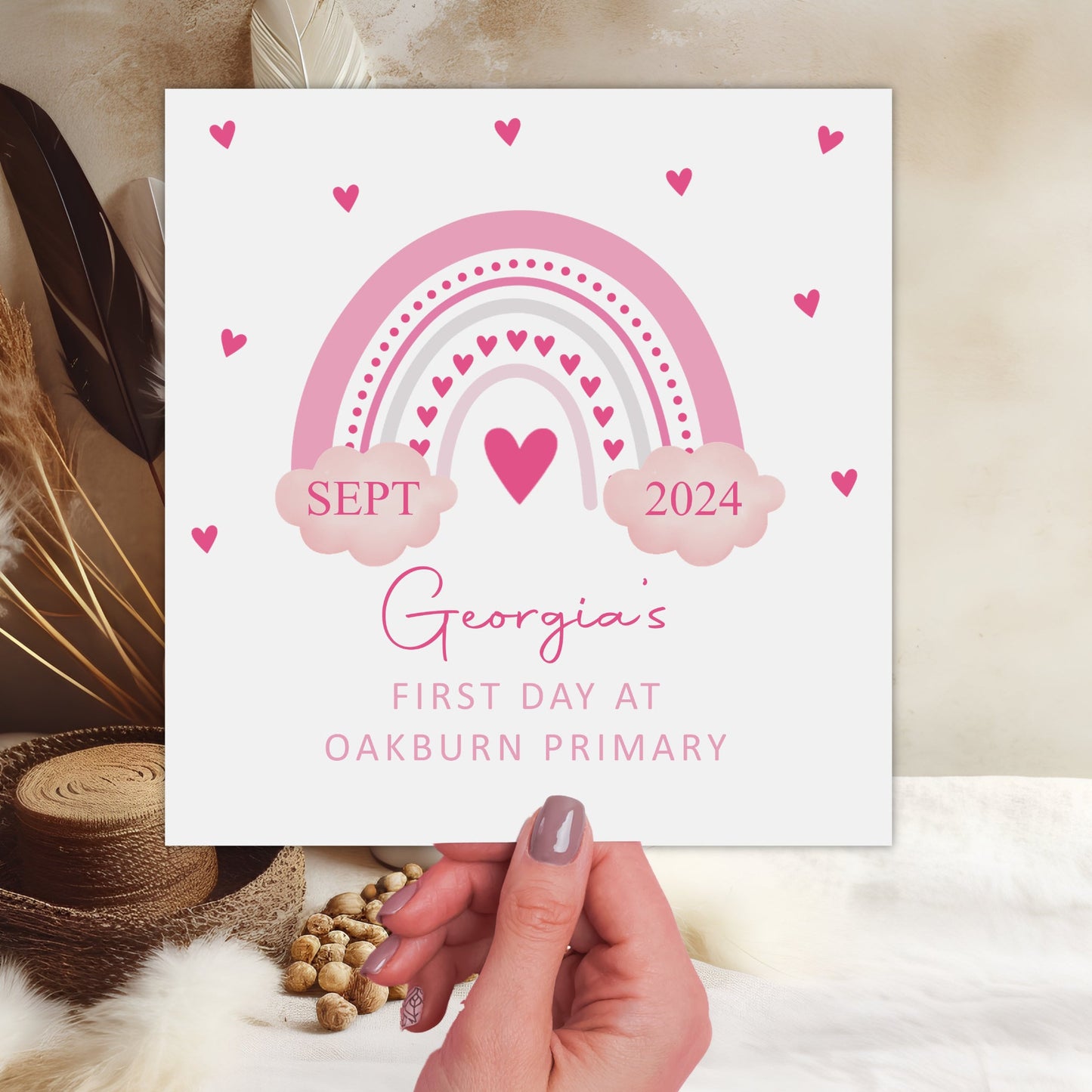 Personalised Good Luck First Day At School Card Pink Rainbow Love Hearts
