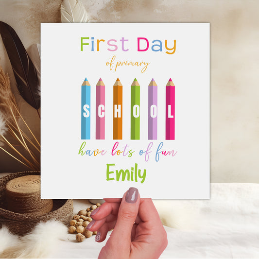 Personalised Good Luck First Day At School Card Colour Pencils