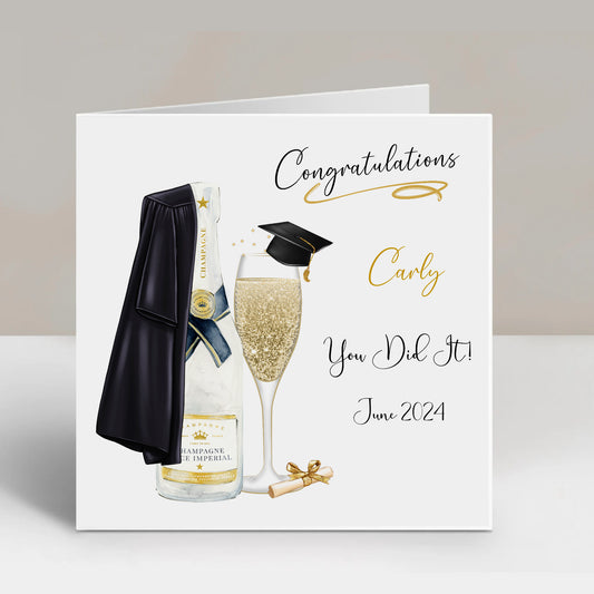 Personalised Graduation Card Congratulations Champagne Bottle & Gown