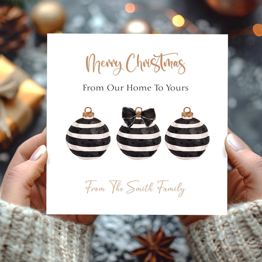 Personalised Christmas Card Pack 10, 20, 30, 40, 50 - Gold Black Baubles