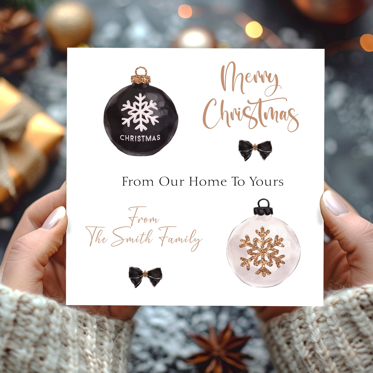 Personalised Christmas Card Pack 10, 20, 30, 40, 50 - Gold Black Baubles