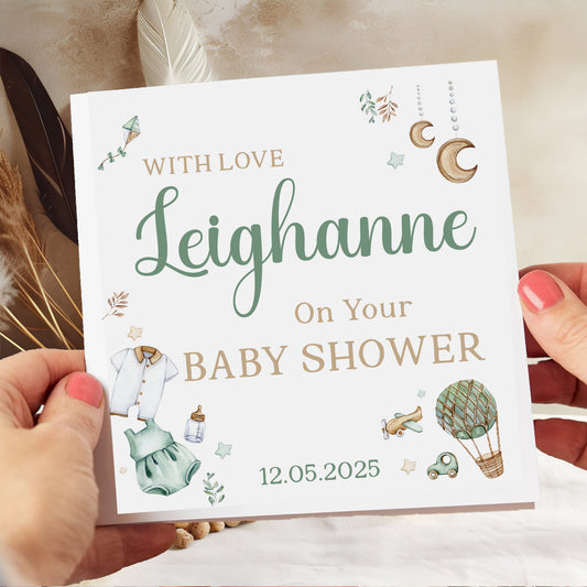 Personalised Baby Shower Card – Neutral Green Pastel Design with Baby Elements