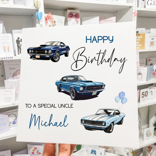 Personalised Men’s Birthday Card – Blue Vintage Cars Design for Dad, Grandad, or Son