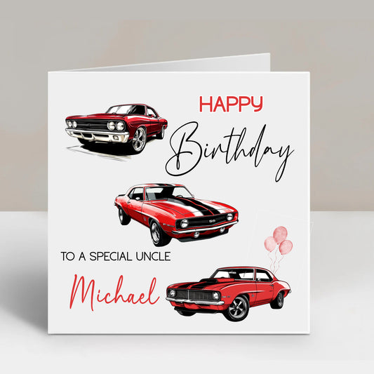 Personalised Men’s Birthday Card – Red Vintage Cars Design for Dad, Grandad, or Son