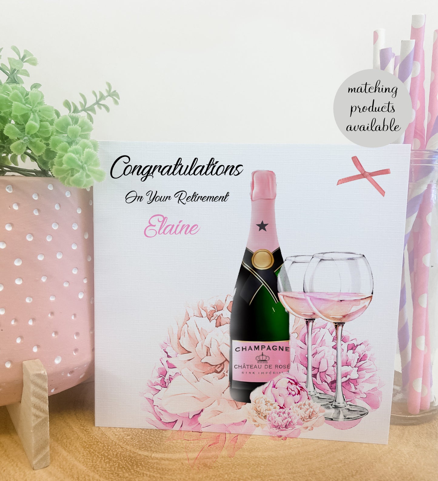 Personalised Retirement Card Pink Floral Champagne