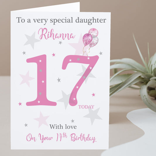 Large A4 Personalised Female Girls Birthday Card Stars Ballons Pink