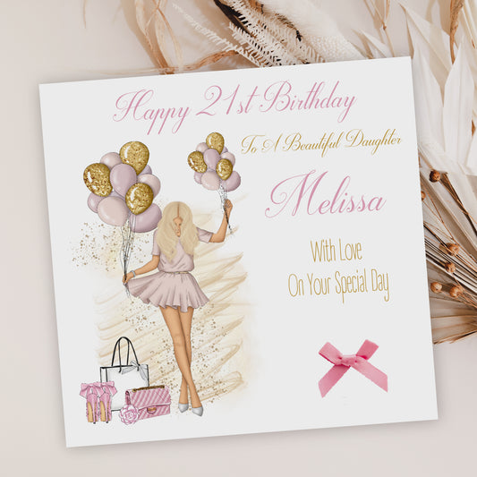 Personalised Female Girl's Birthday Card Girl Balloons