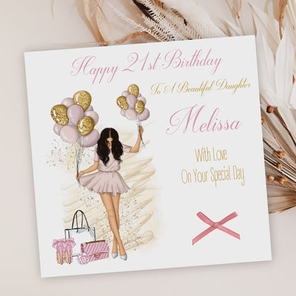 Personalised Female Girl's Birthday Card Girl Balloons
