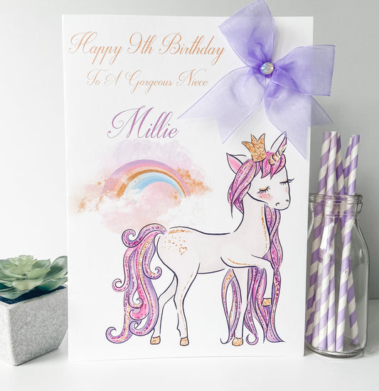 Large A4 Personalised Unicorn Birthday Card