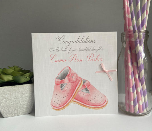 Personalised Congratulations New Baby Girl Card Shoes