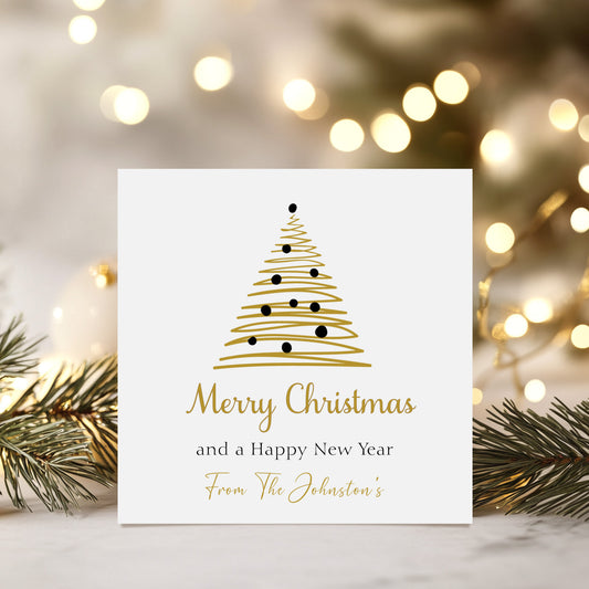 Personalised Christmas Card Pack 10, 20, 30, 40, 50 - Gold Black Tree