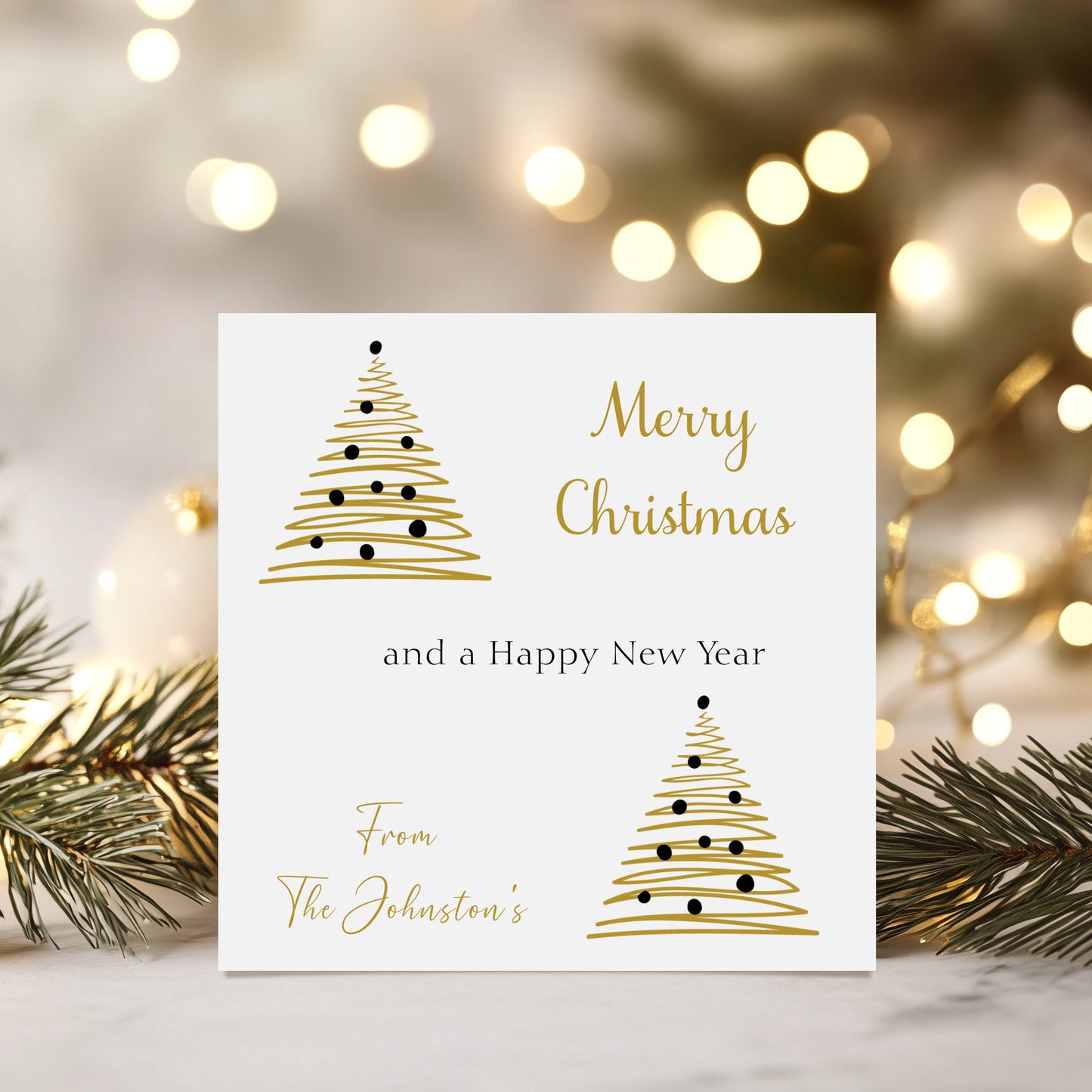 Personalised Christmas Card Pack 10, 20, 30, 40, 50 - Gold Black Tree