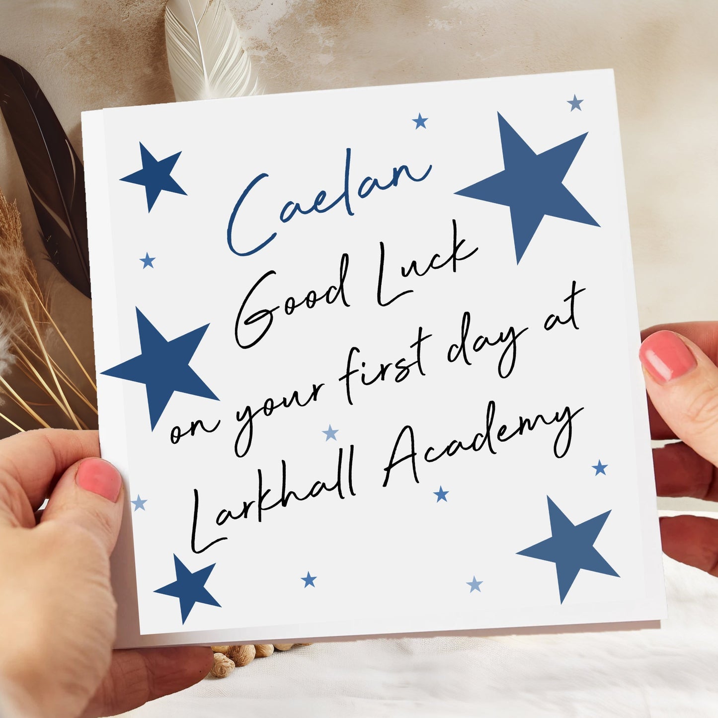 Personalised Good Luck First Day In High School Card Blue Stars