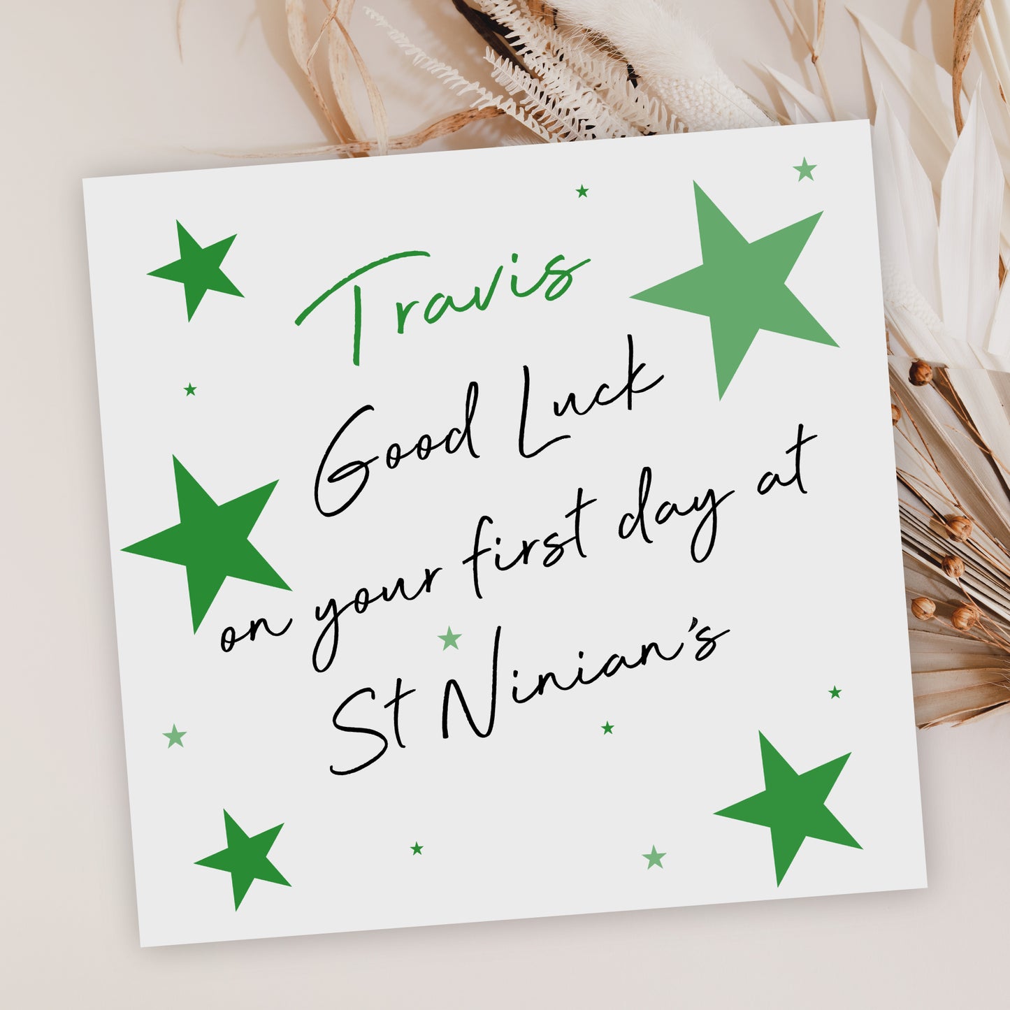 Personalised Good Luck First Day In High School Card Green Stars