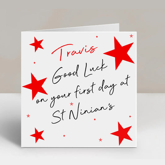 Personalised Good Luck First Day In High School Card Red Stars