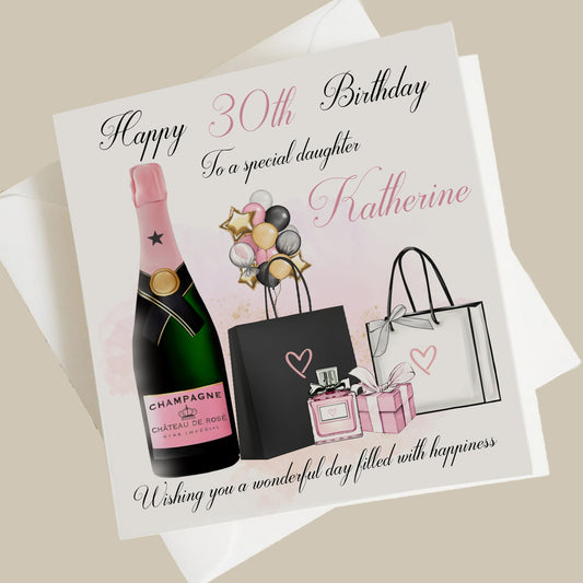 Personalised Female Birthday Card Shopping Champagne Balloons