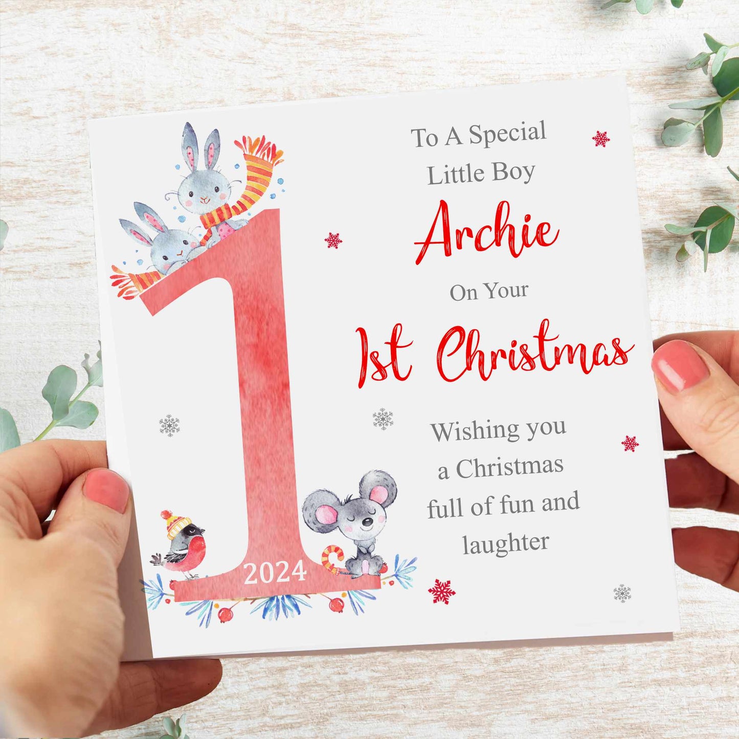 Personalised 1st Christmas Card Watercolour Animals