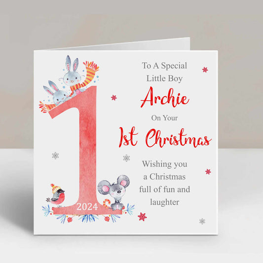Personalised 1st Christmas Card Watercolour Animals