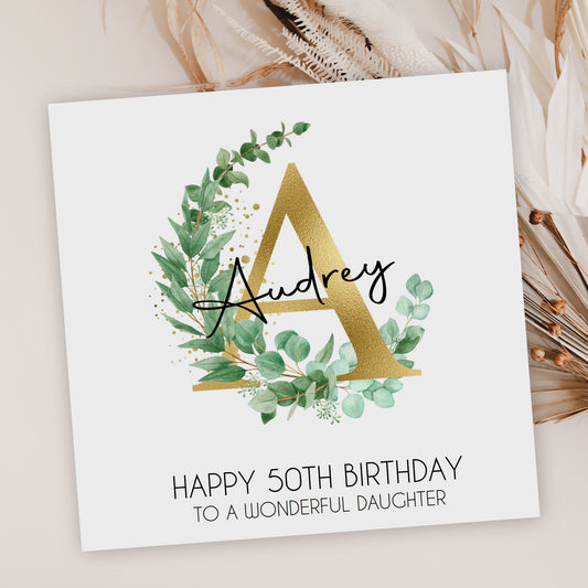 Personalised Birthday Card Gold Floral Letter