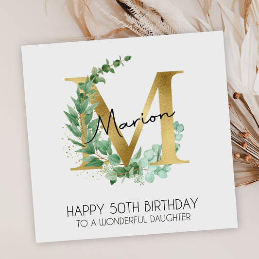 Personalised Birthday Card Gold Floral Letter
