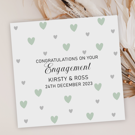 Personalised Congratulations on Your Engagement Card Grey Green Love Hearts