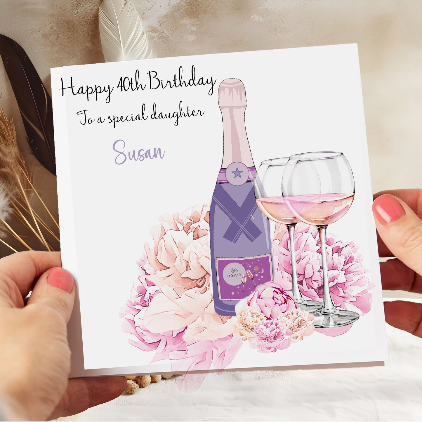 Personalised Birthday Card Floral Lilac Champagne