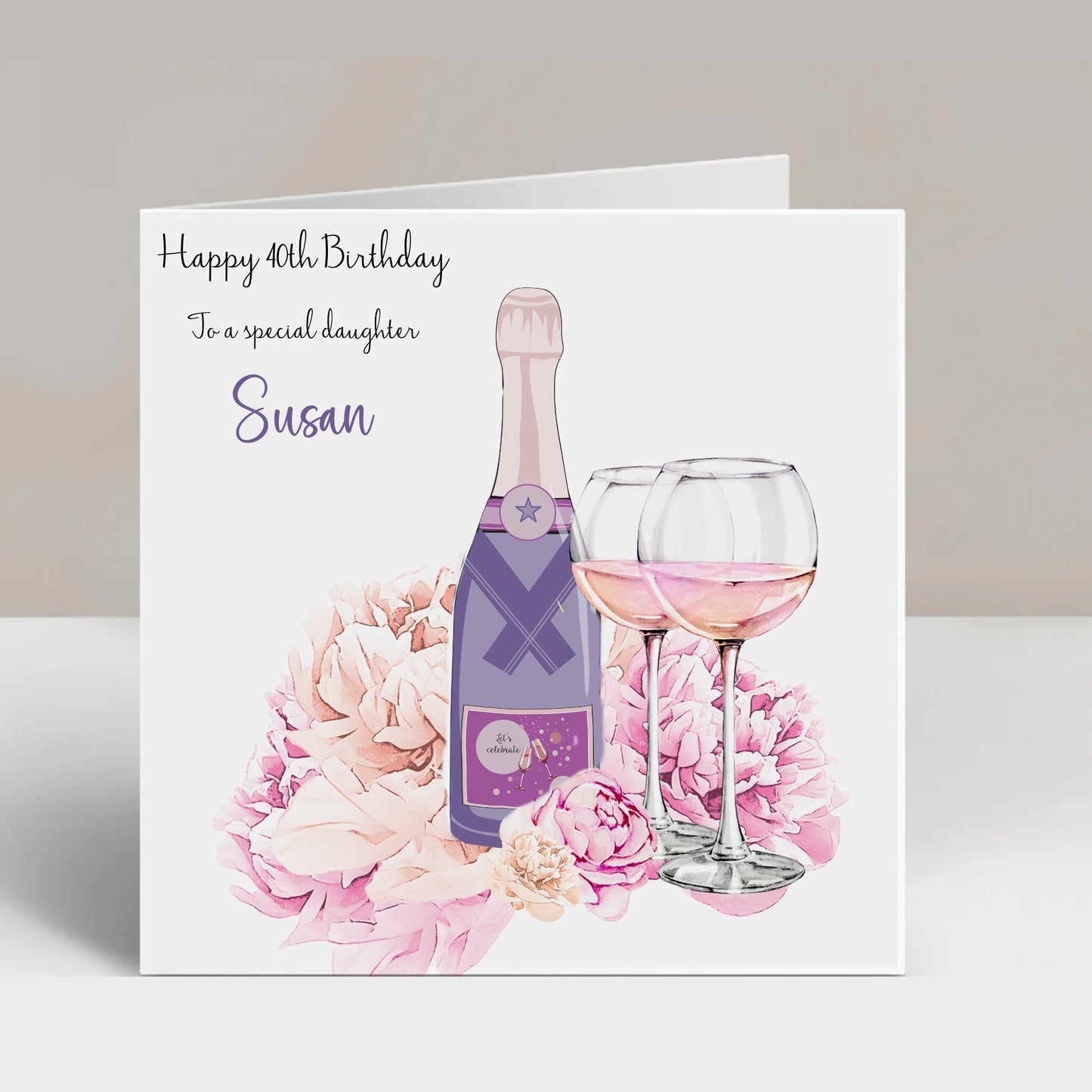 Personalised Birthday Card Floral Lilac Champagne