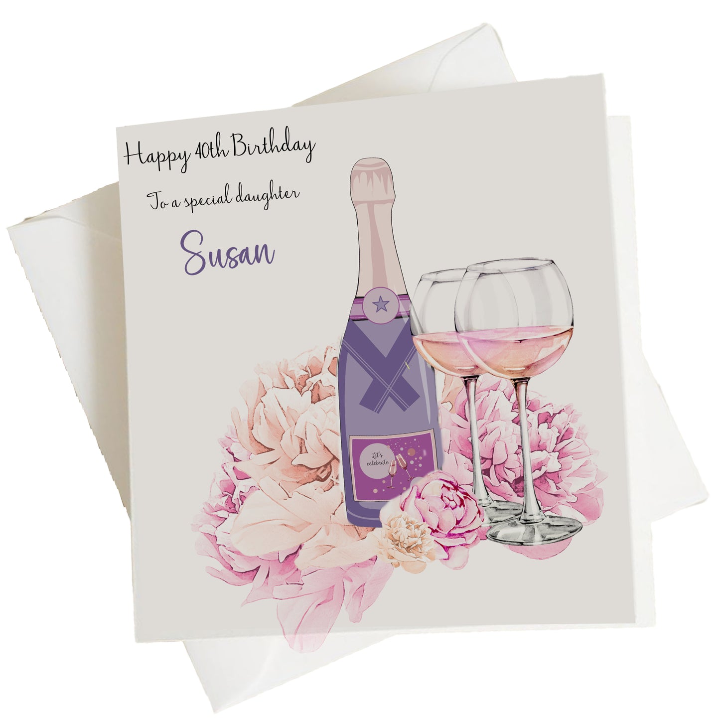 Personalised Birthday Card Floral Lilac Champagne