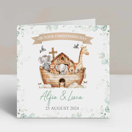 Personalised Twins Christening Card Animal Ark