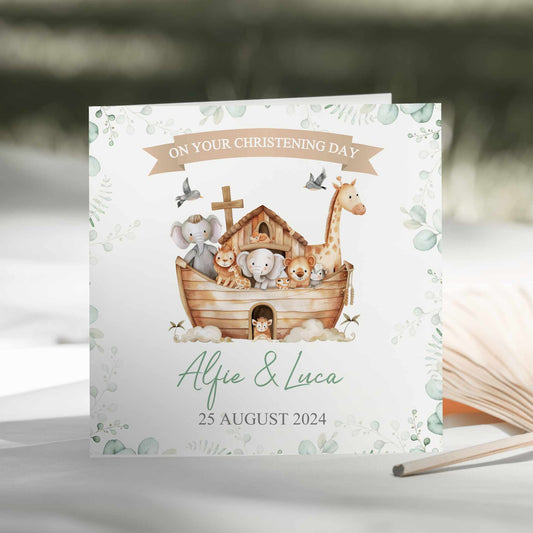 Personalised Twins Christening Card Animal Ark